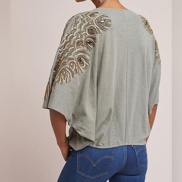 Anthropologie Vanessa Virginia Feather-Cloaked Top Olive Shirt size M/L - Picture 2 of 12